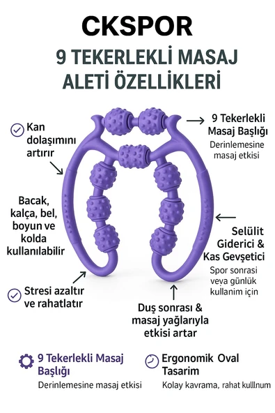9 Tekerlekli Masaj Aleti Selülit Giderici, Kas Rahatlatıcı ve Kan Dolaşımı Destekleyici Roller - 7