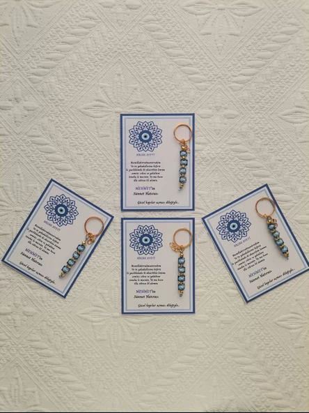 32 Adet Kişiye Özel Nazar Ayeti Sünnet Hatırası Dağıtmalık Hediyelik Mavi Renk Anahtarlık - Resim 5