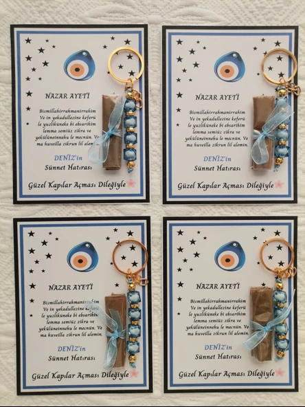 64 Adet Kişiye Özel Nazar Ayeti Sünnet Hatırası Dağıtmalık Hediyelik Mavi Renk Anahtarlık ve Kına - Resim 4
