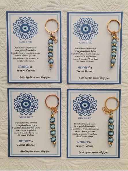 64 Adet Kişiye Özel Nazar Ayeti Sünnet Hatırası Dağıtmalık Hediyelik Mavi Renk Anahtarlık - Resim 4