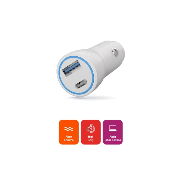 Polosmart PBS134 Hızlı 1 USB 1 PD Çıkışlı 20W Araç Şarjı Beyaz - 2