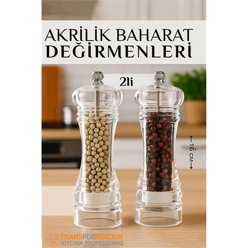 Baharat Öğütücü  Baharat Karabiber Tuz Değirmeni Ahşap Akrilik Kristal 2 li SET ürün görseli 1
