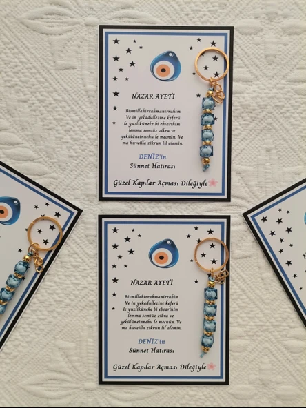 32 Adet Kişiye Özel Nazar Ayeti Sünnet Hatırası Dağıtmalık Hediyelik Mavi Renk Anahtarlık - Resim 8