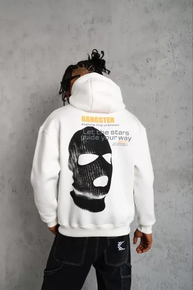 Erkek Kordonlu Maske Baskılı Kapüşonlu Sweat - Beyaz - 1