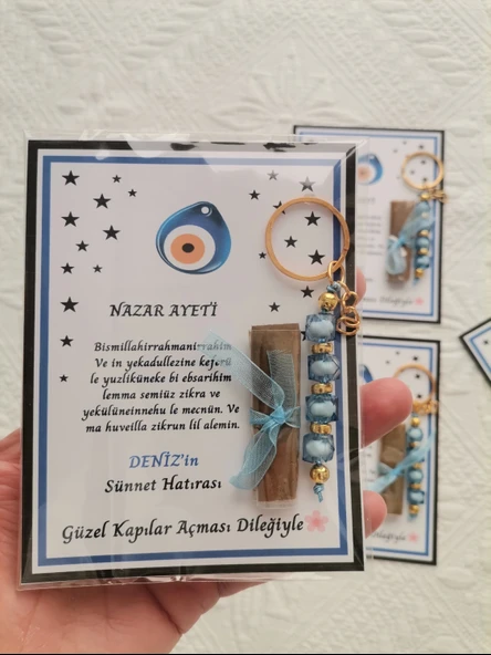 32 Adet Kişiye Özel Nazar Ayeti Sünnet Hatırası Dağıtmalık Hediyelik Mavi Renk Anahtarlık ve Kına - Resim 6