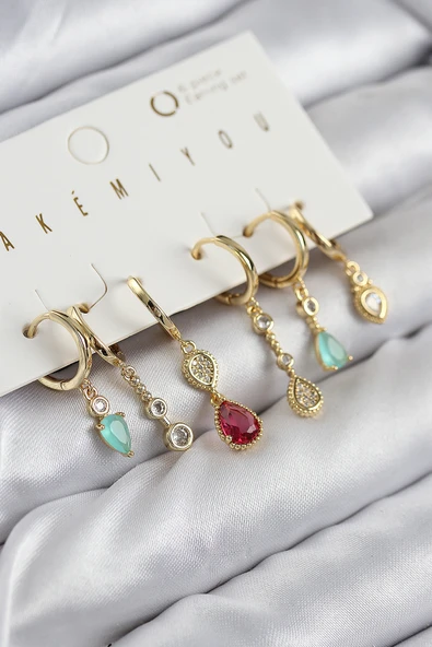 Pirinç Zirkon Taşlı Sallantılı Model Gold Renk 6'lı Küpe Set ürün görseli 1