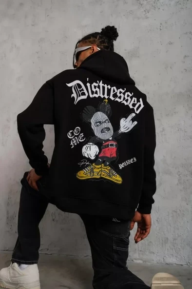 Erkek Üç İplik Baskılı Kapüşonlu Sweat - Siyah - 2