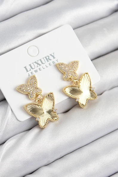 Pirinç Zirkon Taşlı Model Gold Renk Kadın Küpe