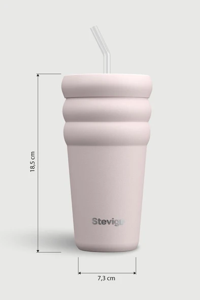 Stevig 3 Bubble Two-Cap Straw Tumbler Çelik Termos 600 ML Soft Quartz ST-248 - Resim 8