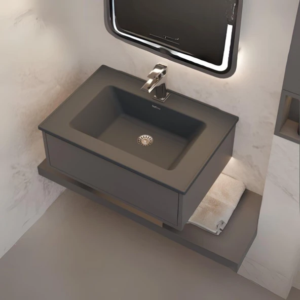 Real Stone ZENITH 65 Etajerli Siyah Granit Banyo Lavabosu 65x45 - 2