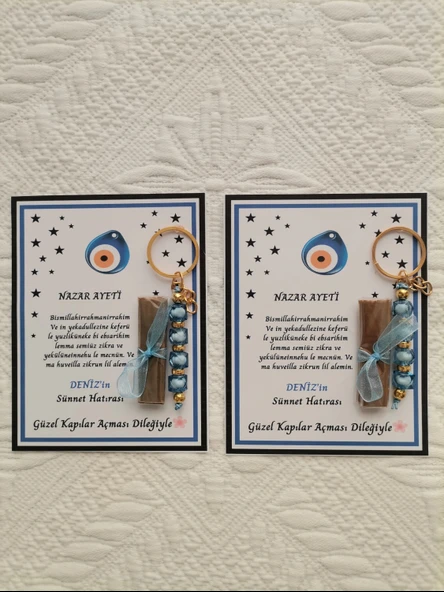 32 Adet Kişiye Özel Nazar Ayeti Sünnet Hatırası Dağıtmalık Hediyelik Mavi Renk Anahtarlık ve Kına - Resim 2