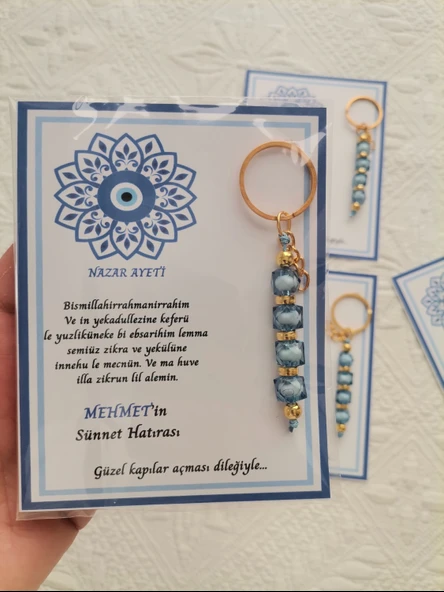 64 Adet Kişiye Özel Nazar Ayeti Sünnet Hatırası Dağıtmalık Hediyelik Mavi Renk Anahtarlık - Resim 6