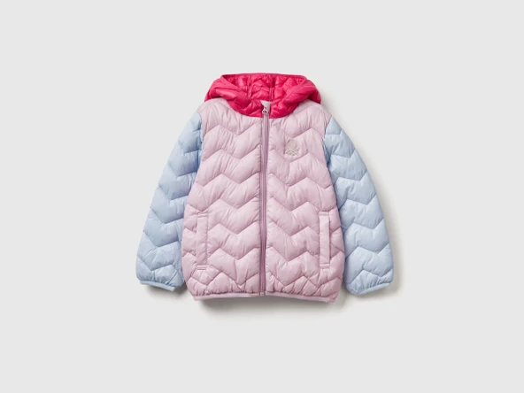 Kız Bebek Lila-Pembe Mix Simli Logo İşlemeli Kapüşonlu Mevsimlik İnce Mont - 1