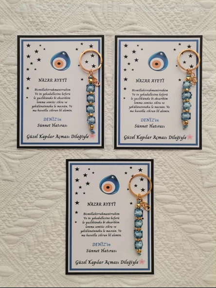 100 Adet Kişiye Özel Nazar Ayeti Sünnet Hatırası Dağıtmalık Hediyelik Mavi Renk Anahtarlık - Resim 4