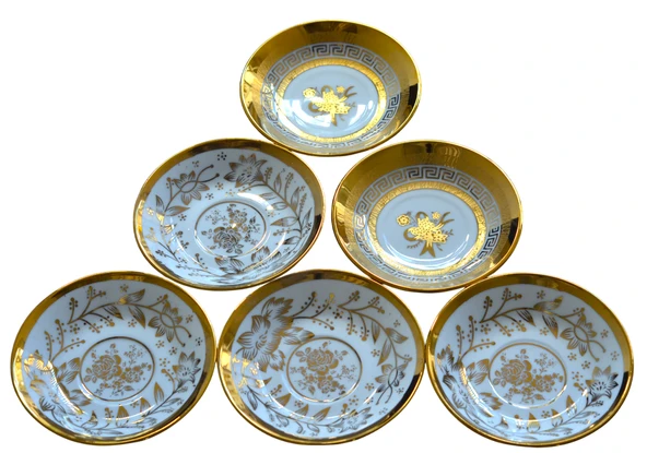 Boya Defolu Porselen 6 Kişilik Gümüş Renkli Yaldızlı Yaprak Desenli Çay Tabağı Set1 - 2