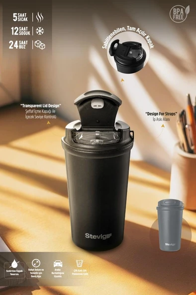 Stevig 4 Work Flip Open Coffee Mug Çelik Termos 400 ML Grey ST-251 - Resim 7