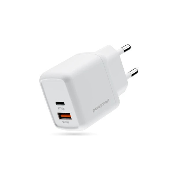 Polosmart PBS137 Hızlı 1 USB 1 PD Çıkışlı 30W Şarj Adaptörü Duvar Şarjı Beyaz