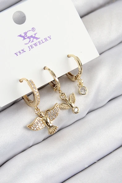 Pirinç Zirkon Taşlı 3'lü Kuş Model Gold Renk Kadın Küpe ürün görseli 1