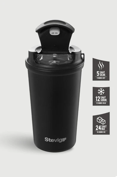 Stevig 4 Work Flip Open Coffee Mug Çelik Termos 400 ML Black ST-250 - Resim 2