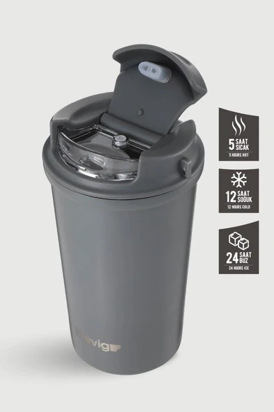 Stevig 4 Work Flip Open Coffee Mug Çelik Termos 400 ML Grey ST-251 - Resim 2