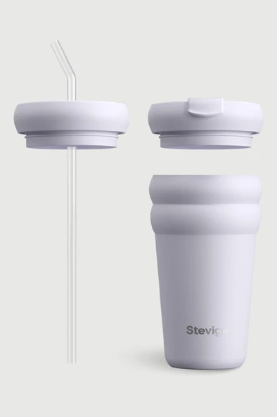 Stevig 3 Bubble Two-Cap Straw Tumbler Çelik Termos 600 ML Lilac Hint ST-245 - Resim 4