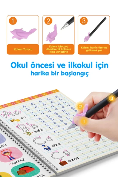 Alfabe Yazı Kitabı Sihirli Uçan Kalemli Oluklu (KABARTMALI) | Yazmayı Kolayca Öğreten Kitap - 3