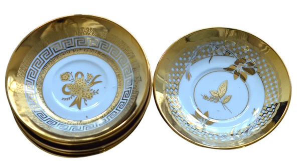 Boya Defolu Porselen 6 Kişilik Gümüş Renkli Yaldızlı Yaprak Desenli Çay Tabağı Set2 - 3