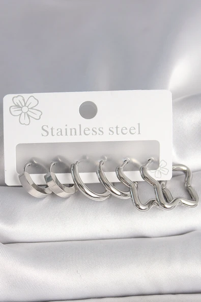 316L Çelik Gümüş Renk Yarım Halka Yıldız Model Kadın Küpe Seti