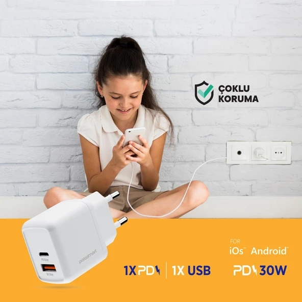 Polosmart PBS137 Hızlı 1 USB 1 PD Çıkışlı 30W Şarj Adaptörü Duvar Şarjı Beyaz - 3