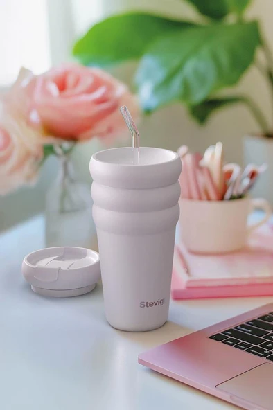 Stevig 3 Bubble Two-Cap Straw Tumbler Çelik Termos 600 ML Lilac Hint ST-245 - Resim 6