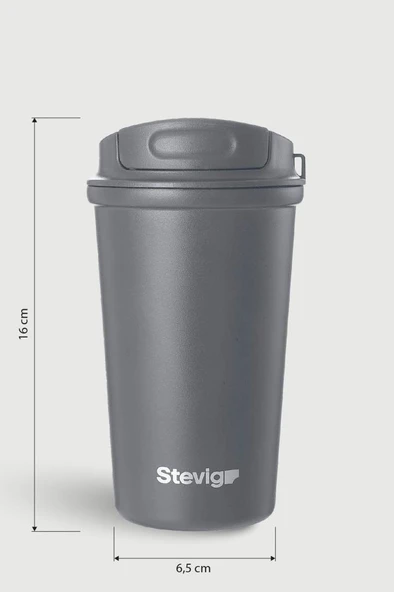 Stevig 4 Work Flip Open Coffee Mug Çelik Termos 400 ML Grey ST-251 - Resim 8