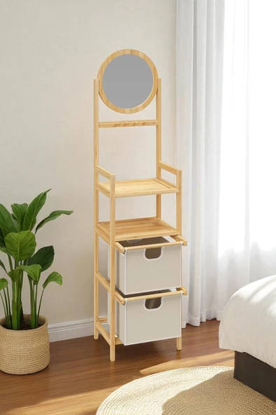 Digithome Bambu Aynalı 2 Çekmeceli Banyo Düzenleyici 2 Raflı Şifonyer Makyaj Organizeri DB-0035 - Resim 3