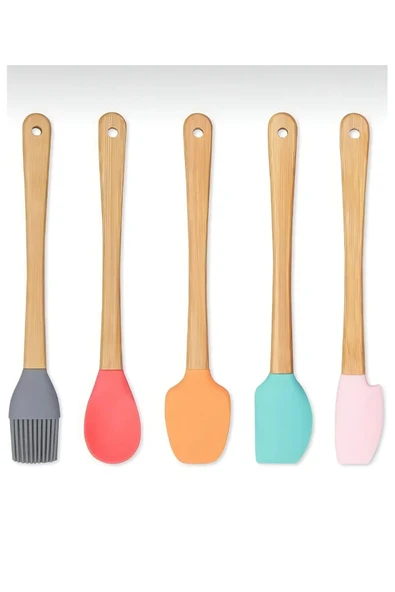 5'li Renkli Ahşap Saplı Silikon Uçlu Spatula Fırçalı Kaşık Seti Yemek Hazırlık Seti 21 Cm ürün görseli 1
