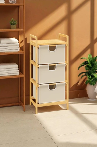 Digithome Bambu 1 Raflı 3 Çekmeceli Banyo Düzenleyici Çekmeceli Dolap Komodin DB-0039 - 2
