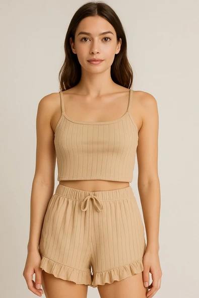 Crop Takım Askılı Crop Takım Likralı Bej (XL)