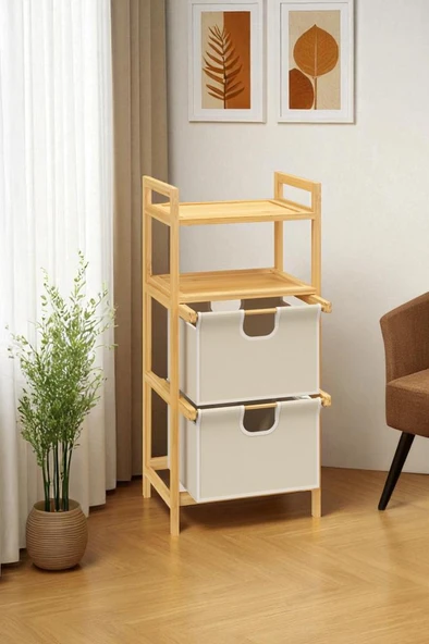 Digithome Bambu 2 Raflı 2 Çekmeceli Banyo Düzenleyici Çekmeceli Dolap Komodin DB-0045 - 3