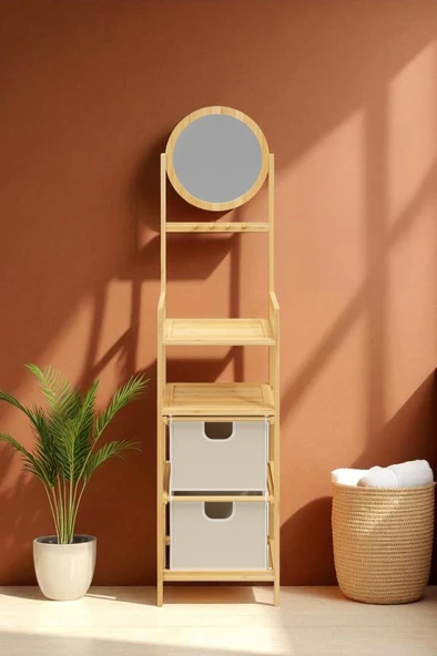 Digithome Bambu Aynalı 2 Çekmeceli Banyo Düzenleyici 2 Raflı Şifonyer Makyaj Organizeri DB-0035 - Resim 4