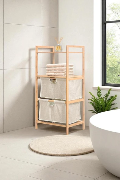 Digithome Bambu 2 Raflı 2 Çekmeceli Banyo Düzenleyici Çekmeceli Dolap Komodin DB-0045 - 5