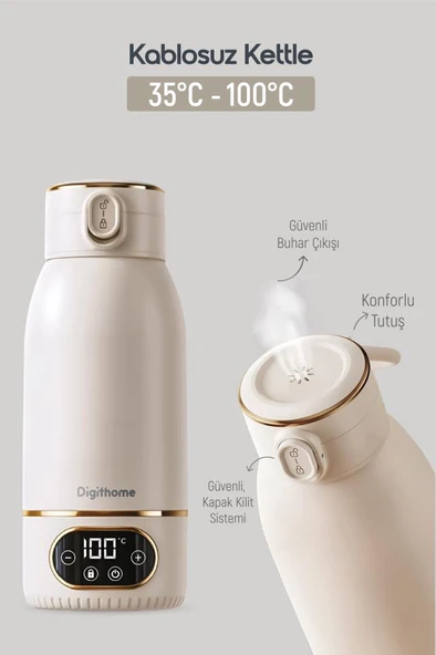 Digithome Go Smart Taşınabilir Mama Su Isıtıcı Ayarlanabilir Dereceli (35-100 C°) Süt Beyazı Çelik 500 ML DGT-102 - 6