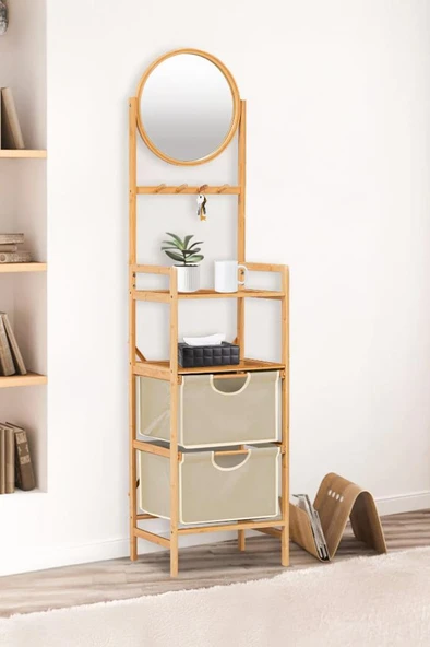Digithome Bambu Aynalı 2 Çekmeceli Banyo Düzenleyici 2 Raflı Şifonyer Makyaj Organizeri DB-0035 - Resim 2