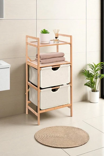 Digithome Bambu 2 Raflı 2 Çekmeceli Banyo Düzenleyici Çekmeceli Dolap Komodin DB-0045