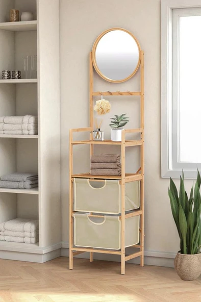 Digithome Bambu Aynalı 2 Çekmeceli Banyo Düzenleyici 2 Raflı Şifonyer Makyaj Organizeri DB-0035 ürün görseli