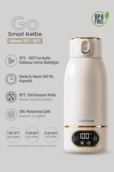 Digithome Go Smart Taşınabilir Mama Su Isıtıcı Ayarlanabilir Dereceli (35-100 C°) Süt Beyazı Çelik 500 ML DGT-102 - 4