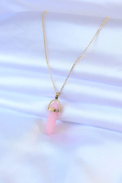 316L Çelik Gold Renk Kristal Pembe Taş Model Kadın ke - 2