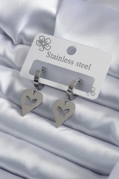 316L Çelik Gümüş Renk Kalp Model  İşleme Kadın Küpe ürün görseli 1