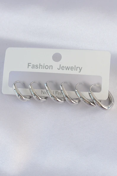 Pirinç Gümüş Renk Oval Küpe Seti ürün görseli 1