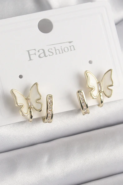 Pirinç Gümüş Renk Zirkon Taş Detaylı Beyaz Sedefli Model Kadın Küpe