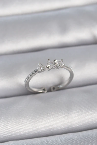 Pirinç Gümüş Renk Zirkon Taşlı Kalp İnci Detay Ayarlanabilir Model Kadın Yüzük ürün görseli 1