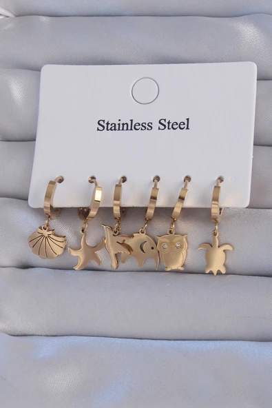 316L Çelik Gold Renk Zirkon Taşlı Hayvan Figürlü Deniz Yıldızı Model Halka Küpe Seti ürün görseli 1