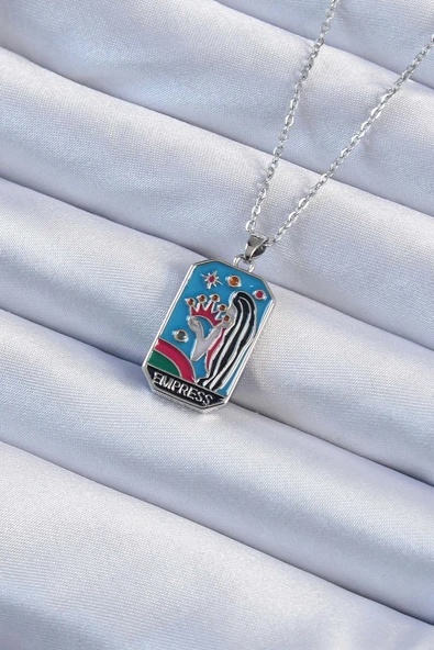 316L Çelik Zincir Gümüş Renk Taç ve Kız Figürlü Renkli Mineli Tarot Ke ürün görseli